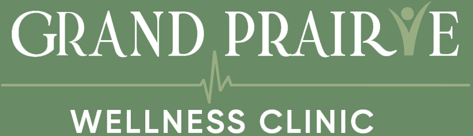 Logo for Grand Prairie Wellness Clinic. The words Grand Prairie are in large white letters with a stylized human figure in the letter I and Wellness Clinic below, separated by a graphic of a heartbeat line.